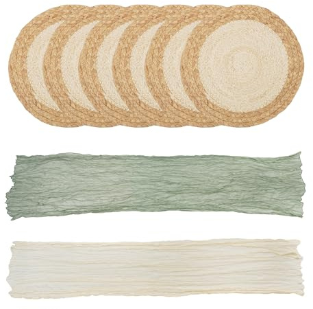 ACUSHLA Woven Round Placemats Set of 6, Cheesecloth Table Runner 2 Pcs, Handmade Boho Natural Water Hyacinth Corn Husk Table Mats for Farmhouse Wedding Party Kitchen Rustic Home Decor (33CM)