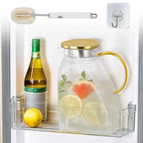 1,8L/63oz Carafe à Eau en Verre Borosilicate, Cruche en Verre pour Porte de Réfrigérateur, Pichet à Eau avec Couvercle, Carafe d'eau Verre de Réfrigérateur, Pichet VErre pour Boissons Chaudes/Froides