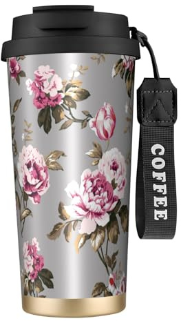 YXDVPALNE Tulipano rosa vintage shabby chic,Tazza da caffè in acciaio inossidabile 316 con cordino, bicchiere termico da viaggio per auto, 500 ml