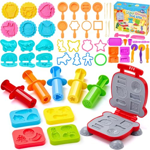 Bridokit Kit d'outils de pâte 54 pièces, accessoires de pâte à modeler et emporte-pièces pour enfants avec machine à hamburger, moules dinosaures, avec sac à cordon, coffret cadeau pour enfants de 3