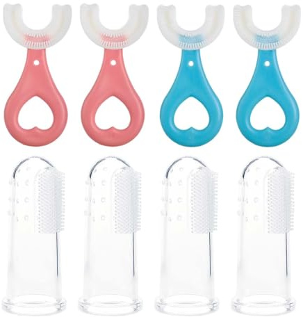 MKEAWWU 8 Spazzolini Da Denti Per Bambini, 4 A Forma Di U + 4 A Forma Di Dito, Per Bambini, Con Testa Arrotondata A 360°, Qualità Alimentare (0-6 Anni)