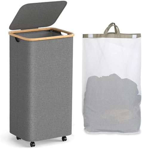 Laundry Hamper with Wheels and Lid, 26 Gal (100L) Rolling Clothes Basket with Bamboo Handle, Large Laundry Hamper for Bedroom, Bathroom, Dorm, Laundry Room, Grey