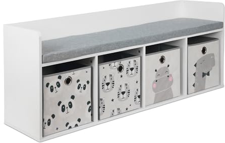 Banco Infantil Relaxdays con Almacenamiento, HxBxT: 54 x 142 x 32 cm, Banco de Lectura, 4 Cajas, Blanco/Gris