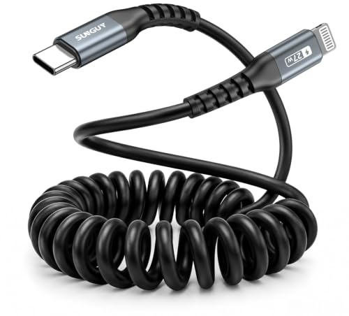 SUNGUY Cable USB-C a Lightning en espiral, cable iPhone para coche CarPlay, compatible con iPhone 14/13/12/11, 1 unidad 1,2 m (extensible de 0,3 m a 0,8 m) Gris