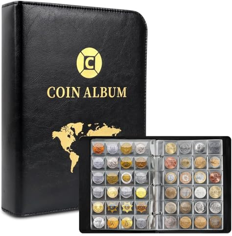 Album da Collezione di Monete, 20 Pagine 480 Tasche, 25,8 x 20 cm Album di Conservazione Monete con Cerniera, Banconote e Timbri Monetari