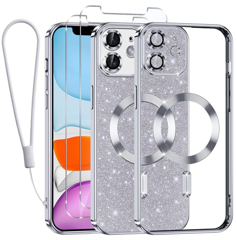 Tikfrlo Handykette für iPhone 11 Hülle mit MagSafe, Glitzer Magnetisch Handyhülle Stoßfeste Silikon TPU Schutzhülle Case für iPhone 11 mit 2 Stück Schutzfolie, Silber