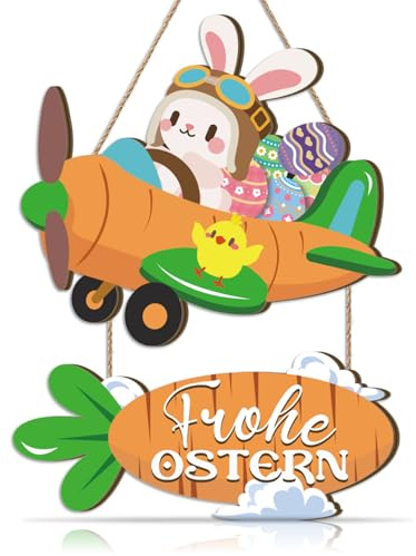 TOARTi Frohe Ostern Türschild Osterdeko mit Buntes Happy Easter Willkommen Hängedeko Kaninchen Türhänger Schild Rettich Flugzeug Wandschild für Haustür Oster Hase