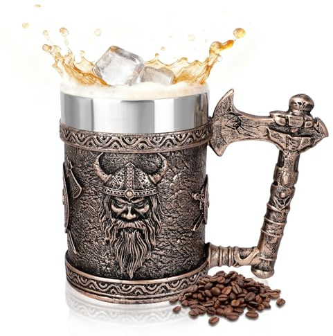 ZZBIQS Jarra de cerveza vikinga para hombres, de acero inoxidable nórdico, diseño de calavera vikinga (bronce-1)