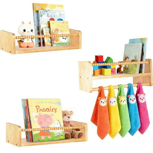 Trintion Bücherregal Kinder Wand, 3er-Set Massivholz Schweberegale für Kinderzimmer – Massiv Kiefer Schweberegale (50cm) – Stilvolles Deko Regal für Babyzimmer & Küche (Natürlich)