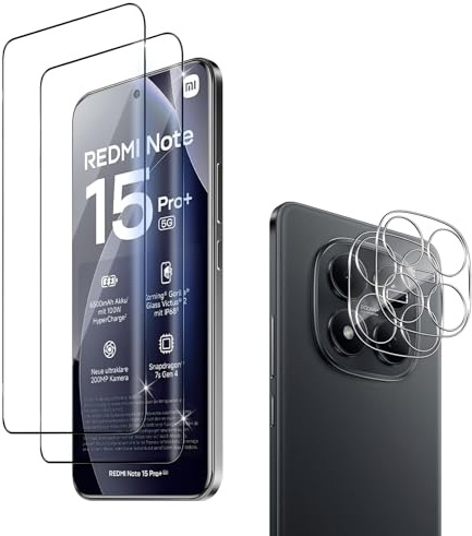 Hengnewro Protector de Pantalla para Xiaomi Redmi Note 15 Pro Plus 5G | 2 Piezas Cristal Templado con 2 Piezas Protector Cámara, Cristal Vidrio Templado Anti-Arañazos, Dureza 9H, Ultra HD
