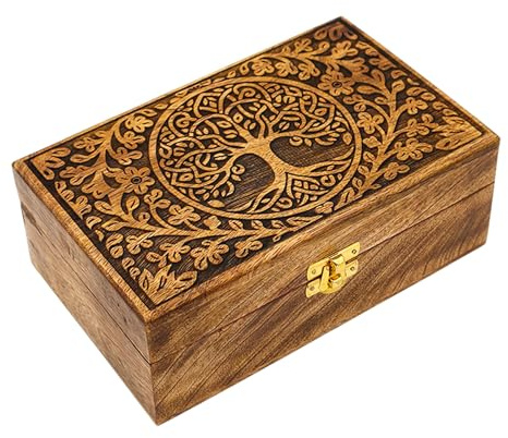 DOLLOND & CO. Handmade Wooden Tree of Life Box, Brass Inlay Jewellery & Keepsake Organizer, Brown Vintage Box Crystals & Gifts, Wood Storage Box (Customisation, Big Tree of Life Box)