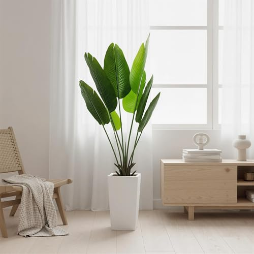 Garvee 5FT Artificial Banana Tree, Fake Potted Tropical Tree, Decorative Evergreen Tropical Plant with White Tall Planter for Living Room Entryway Porch Office