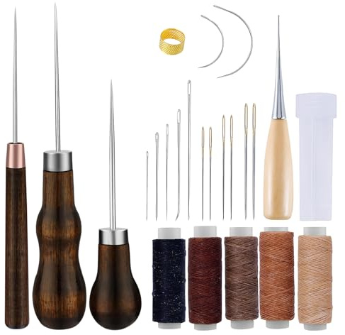 KEORHEZ Leder Nähset 24-Teiliges Set,Hochleistungs-Lederwerkzeug,Einschließlich Nähnadeln,Professionelles Ledernähset,Nähgarn,Nähahle,Für Reparaturen,Handnähen,DIY-Lederhandwerk