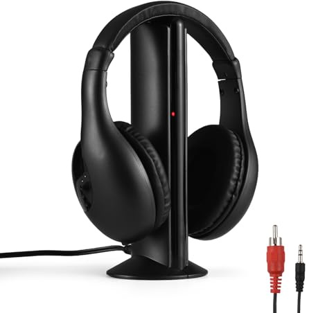Vroomoto Auriculares Inalámbricos para TV, Decodificador 5 en 1, Auriculares Supraaurales con Alcance de 98 Pies, Radios FM, con Cable para Escuchar Personas Mayores