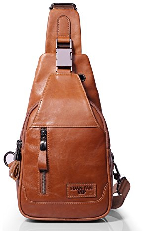 Leathario Herren Brusttasche Leder Sling Bag Crossbody Bag Brustbeutel Schulterrucksack Sling-Rucksack für Freizeit Outdoorsport Reisen Wandern Schule Braun