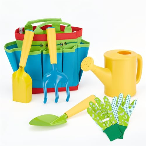 FITNATE Green Kids Garden Tools Set,6 PCS Garden Tools Including Watering Can, Shovel, Rake, Fork, Children Gardening Gloves and Garden Tote Bag, All in One Set