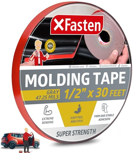 XFasten Super Strength Automotive Molding Tape, Gray, 1/2-Inch x 30-Foot, Double Sided Exterior Mounting Tape for Auto Body Molding, Trim, Side Mirror, Emblem, Nameplate and Outdoor Applications