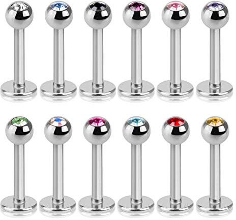 viva-adorno 12er Set Labret Piercing Stecker Lippenpiercing Zirkonia Kristall Edelstahl Tragus Helix Ohr Z245
