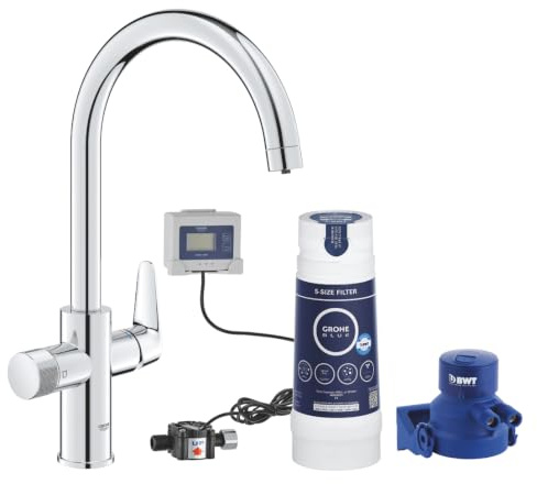 GROHE Blue Pure BauCurve - Einhand-Spültischbatterie mit Filterfunktion (Schwenkbereich 150°, Einlochmontage, C-Auslauf), chrom, 30385000