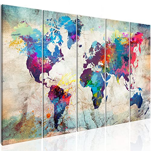 B&D XXL - Leinwandbild bunt Landkarte Reise, 200x80 cm, 5-teilig, modern | Hochwertige Leinwand, sofort aufhängbar, ideal fürs Wohn- oder Schlafzimmer, wasserfest und lichtecht, langlebig, stilvoll