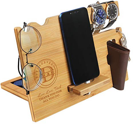 Docking station per telefono in legno per papà, con incisione, supporto per telefono, supporto per orologi, regalo personalizzato per la festa del papà, compleanno, giorno del Ringraziamento, Natale