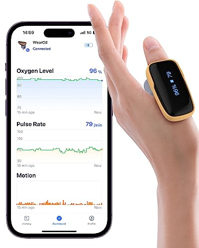 Viatom WearO2 Oxymètre de Pouls Doigt Rechargeable Bluetooth, Mesure Saturation Oxygène et Fréquence Cardiaque, Portable avec Alerte Vibration et Application Gratuite