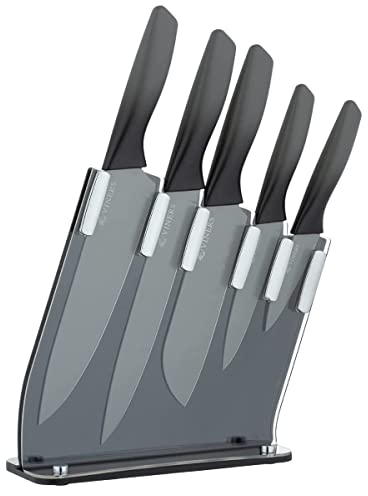 Viners Twilight Knife Block Gift Box Set of 6-Piece, 5 Kitchen Knives and Acrylic Knife Holder, Chef, Bread, Carving, Utility and Paring Knives, Grey, Stainless Steel, 0305.222