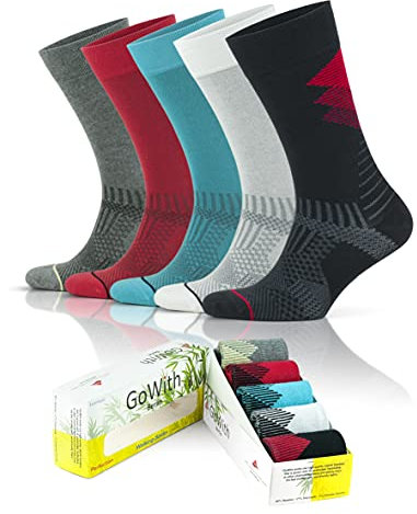 GoWith Men's Bamboo Walking,5 Pairs Box, Colourful Soft Comfortable and Breathable, Anti-Blister Quick Dry Natural Bamboo Socks for Walking Camping Socks Black White Red Grey UK Size 6-11