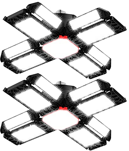 Rafow 200W LED Garage Light 2 Pack - 20000LM 6500K Deformable Ceiling Lighting Fixture with 12 Adjustable Panels - E26/E27 Bay Light for Garage | Basement | Shop | Workshop | Barn | Warehouse