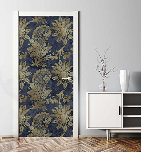 MyMaxxi - Tür bekleben mit Türtapete Selbstklebend 90x200 Vintage Flora blau - Tür verschönern Türfolie - Türaufkleber XXL Aufkleber Folie- Türposter Türklebefolie Muster Edel Blumen blau-Gold -