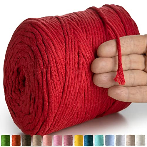 MeriWoolArt® Makramee Garn Rot - Makramee Garn 4mm farbig 225m - Super weiches Baumwollgarn, einfach gedrehte Makramee Schnur für Makramee Wandbehang, Blumenampel, Vorhang und Mehr DIY Deco
