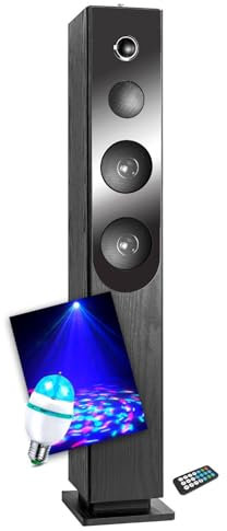gef-roy Enceinte Colonne Inovalley HP33-CD Blacktower, avec Lecteur CD, Bluetooth, FM et USB, 100W, télécommande, Ampoule DIAMS LED