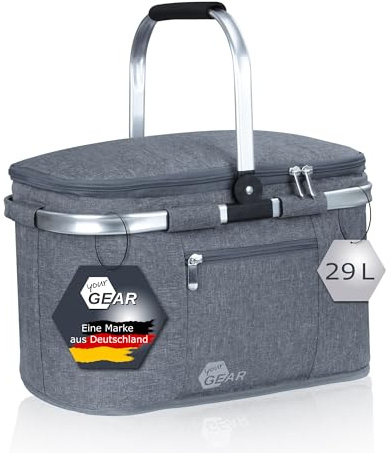 your GEAR Kühlkorb Scivu – Isolierter Einkaufskorb 29L – Picknickkorb, wasserdichte Kühltasche mit Tragegriff, Seitentasche & stabilem Boden, wetterfest & leicht – für Picknick, Einkauf und Ausflüge