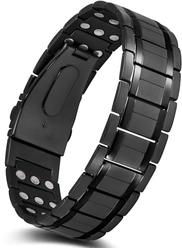 Jeracol Pulseras magnéticas para hombre, 3 imanes ultra fuertes con cierre plegable único, pulsera magnética de titanio súper ligera para aniversario, tamaño ajustable y caja de regalo, 22.3 cm