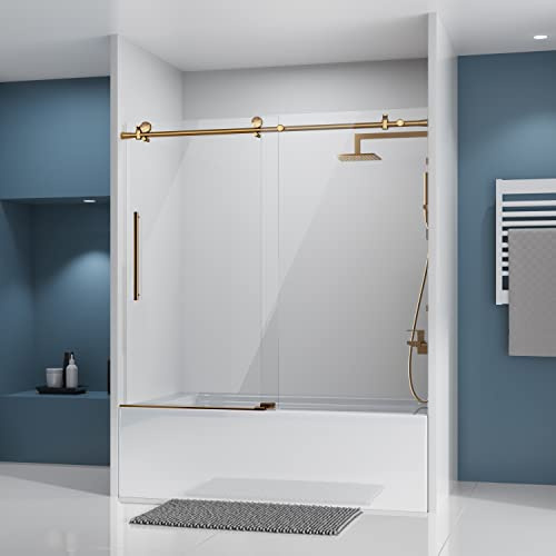 DELAVIN Frameless Tub Shower Door, 56-60 W x 59 H Bathtub Door, 1/4(6mm) Thick SGCC Certified Clear Tempered Glass with Explosion-Proof Film, Easy to Clean, Stainless Steel Guide Rail, Gold