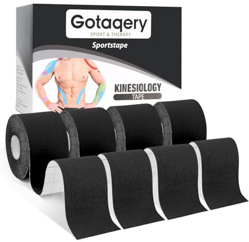 Gotaqery Kinesiology Tape (4 Rolls Pack), 5cm x 5m, Sports Tape | Waterproof Elastic Muscle Support Tape for Exercise, Sports and Training, Breathable and Latex-free (Black)