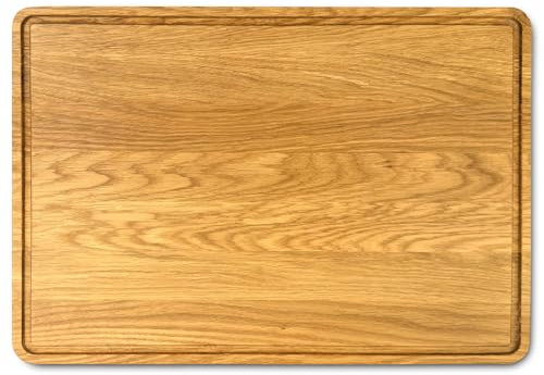 SOHFA 43 x 30cm Schneidebrett aus europäischen Eichenholz | 43 x 30 x 3cm Holzschneidebrett mit Saftrille und Griffleisten | Holzbrett beidseitig nutzbar aus massiver Eiche