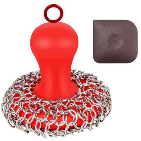 Gusseisen Reiniger Kettenpost Schrubber mit Pfannenschaber, Ergonomischer Griff Gusseisen Schrubber Bürste 316 Kettenpost Schrubber für Gusseisen Pfannen, Eisenpfanne, Grill Dutch Oven Metallbürste