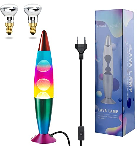 DoRight Lavalampe Knder Farbe Retro Lavalampe Aluminium Beruhigende Bewegung Lavalampe für Friedliche Entspannung, 13,38 Zoll, mit 2 Packung R39 25W E14 Glühbirne, EU-Stecker