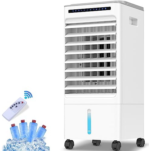 Evaporative Air Cooler, Yovikin 4-IN-1 Portable Air Conditioner Humidifier Air Purifier Cooling Fan, Negative Ions, 3 Modes, 1-7H Timer, Remote Control, 65W Mobile Space Cooler for Home & Office