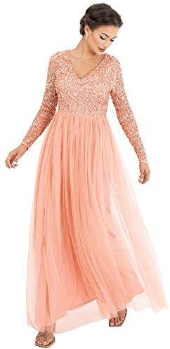 Womens Ladies Dress Sleeve for Wedding Guest V Neck High Empire Waist Maxi Long Length Evening Bridesmaid Prom