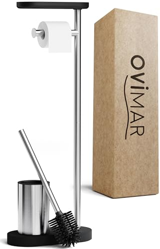 ovimar Set de baño 3 en 1 Lagemade en Plata | Set de escobilla de baño con Cabezal de Cepillo de Silicona, portarrollos de Papel higiénico y Soporte para Smartphone | Ahorra Mucho Espacio
