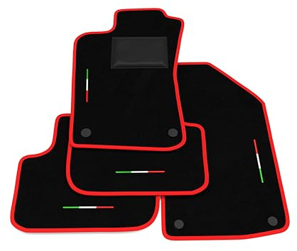 Tappetini compatibili con Alfa Romeo 147 3-5 porte 2000-2010, ricamo bandiera Italia, kit tappetini auto personalizzati, set tappeti in moquette, bordo rosso.