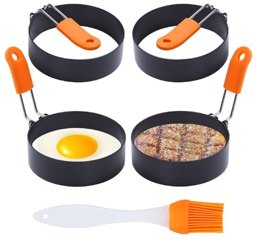 Egg Rings 3.5 Inches 4 Packs - Egg Ring Molds with Greasing Oil Brush, Nonstick Egg Circles Round Egg Makers Omelets Pancake Molds