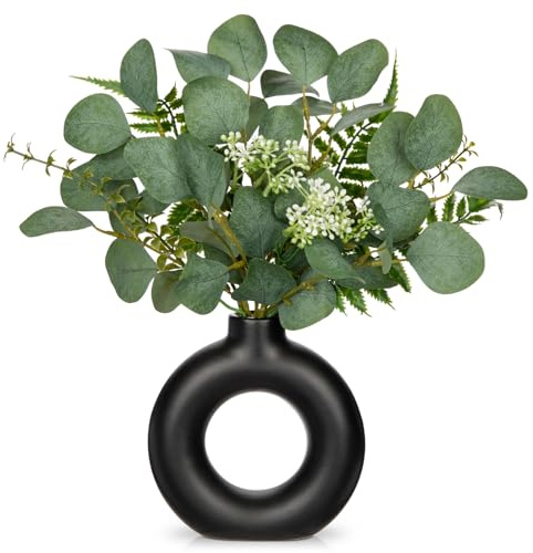 Künstlicher Eukalyptus in Donut Vase 36 CM Kunstplfanzen in Keramik Vase | Arborus Eukalyptus Deko Kunsteukalyptus Künstliche Pflanzen in Vase Tisch Regal Wohnzimmer Bad Schlafzimmer Büro Deko
