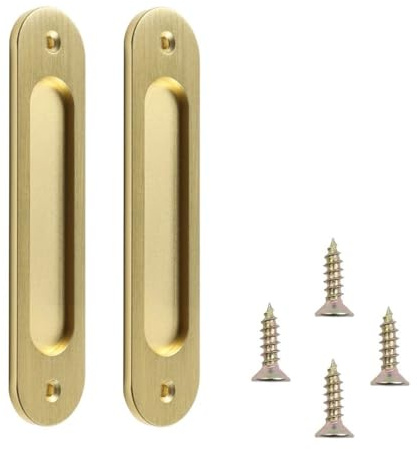 MiJunHD Recessed Sliding Door Pull, 2Pcs Oval Brushed Gold 180 * 40mm Solid Aluminum Alloy Flat Bottom Handle Finger Pull with Screws for Sliding Barn Door,Closet,Cabinet,Windows