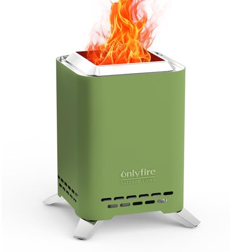 Onlyfire 2 in 1 Tischkamin Outdoor, Mini Feuerschale für den Garten, Feuerstelle Klein für Holz und Pellets, Quadratischer Tischfeuerstelle mit Topfhalter & Tragetasche, Rauchfreie Tischfeuer, Grün