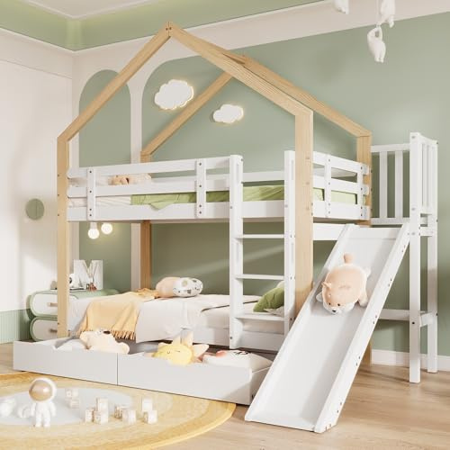 Gelukueub Litera con tobogán y escalera angular de tres niveles, cama con protección contra caídas, cuna, marco de cama de madera maciza, color blanco y natural, 90 x 200 cm (con 2 cajones)