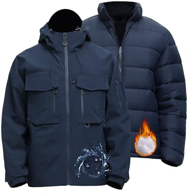 Rejork Men's 3 in 1 Waterproof Winter Jackets Ski Warm Snow Rain Coat Puffer Liner Hood Windbreaker Navy L