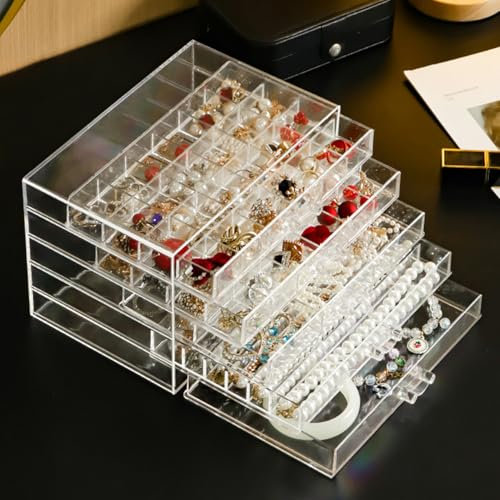 Jinavoty Boîte de rangement à bijoux en acrylique avec 5 tiroirs, boîte de rangement pour boucles d'oreilles, bagues, bracelets, colliers (5 tiroirs)